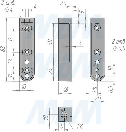 Размеры штангодержателей для овальной штанги, хром, крепление к боковине и к полке (прав.+лев.) (артикул WA3160SCR)