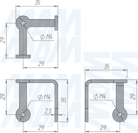 Размеры тройного соединителя для стекла (артикул ART.2 SET)