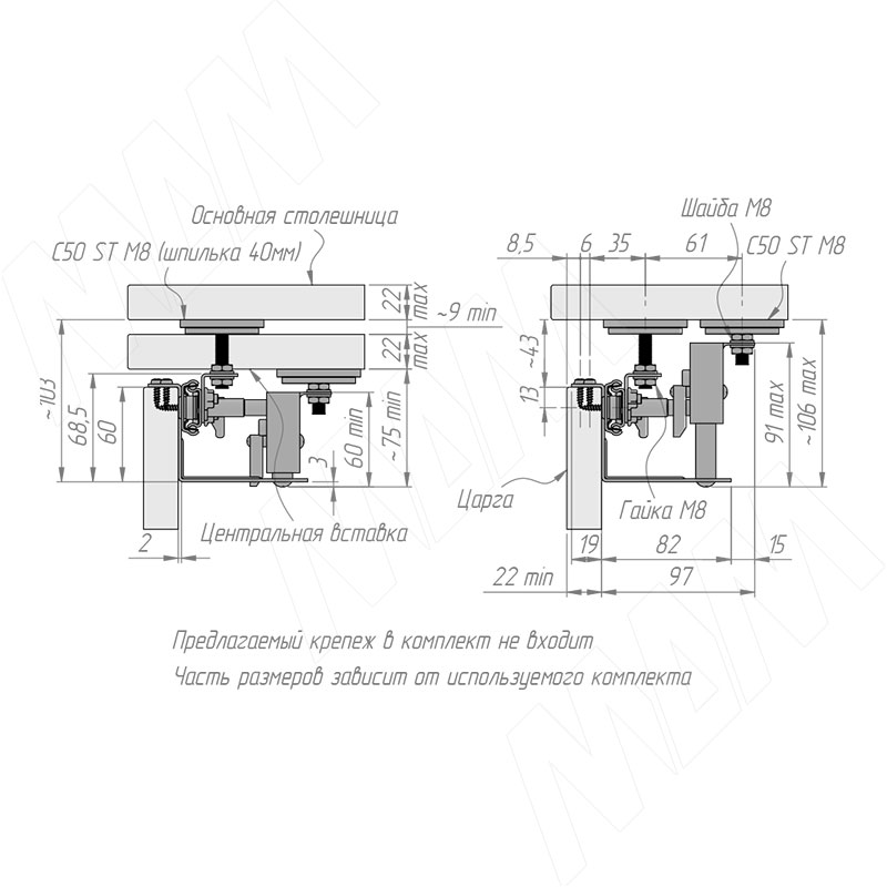 Механизм с автоматическим подъёмом вставки стола 35/1160/1424/400, синхрон., с фиксатором, оцинк. фото товара 4 - ALTI-1160-400