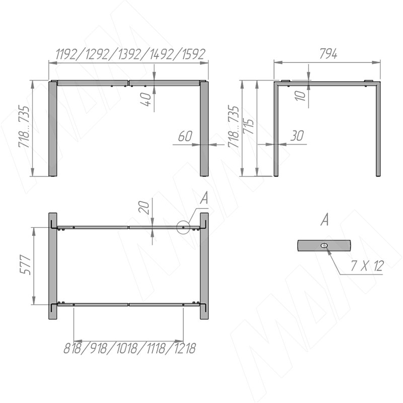 Штутгарт металлокаркас-стола телескопического 715х1200/1300/1400/1500/1600х800мм, графит фото товара 10 - MF.28.715x1200x800.GR