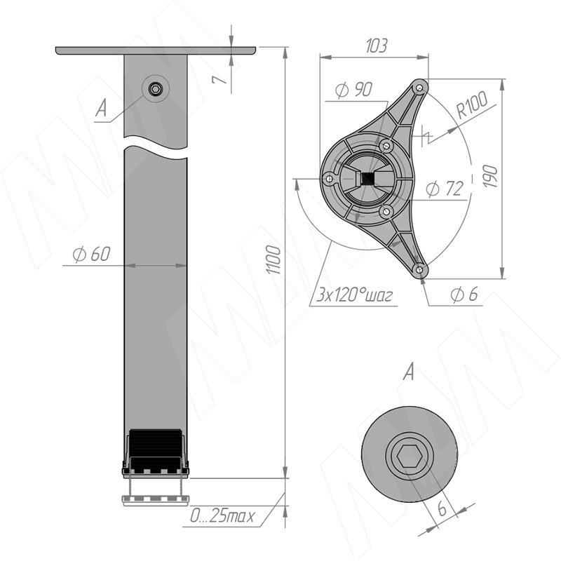 Шанхай опора для стола D60 H1100+25мм серый матовый, 1шт фото товара 4 - TL1096D60GM