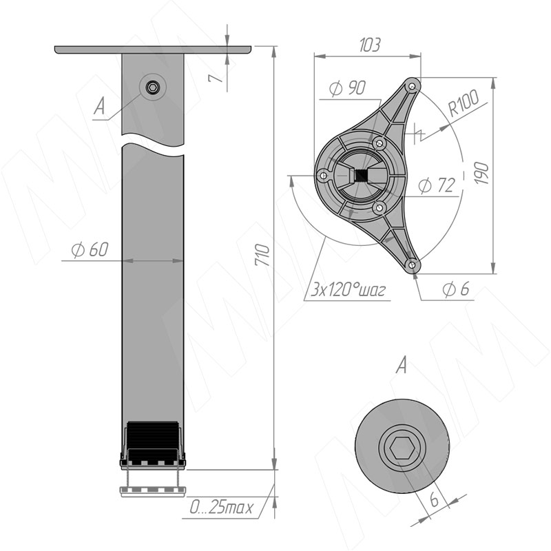 Шанхай опора для стола, D60, H710+25 мм, хром, 4шт. фото товара 6 - TL710D60CR
