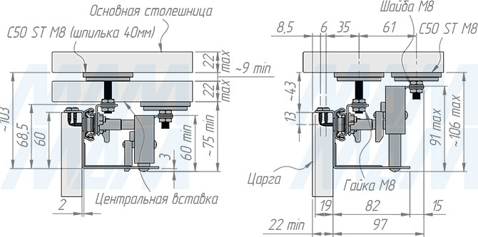 Размеры синхронного механизма с фиксатором для автоматического подъёма вставки стола, 35/1160/1424/400 мм (артикул ALTI-1160-400), чертеж 1