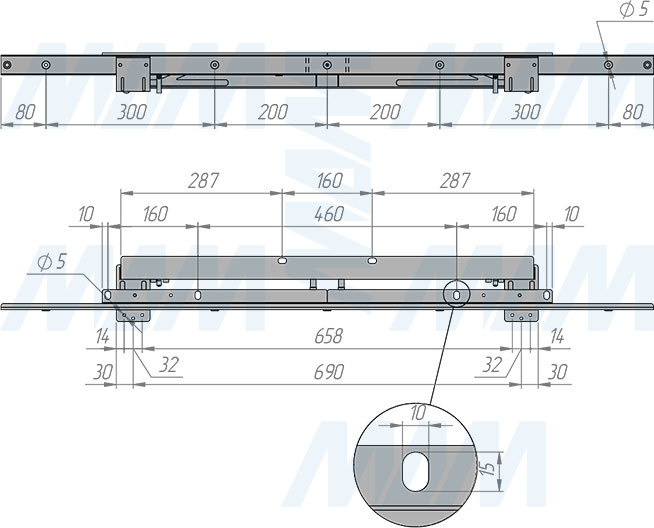 Размеры синхронного механизма с фиксатором для автоматического подъёма вставки стола, 35/1160/1424/400 мм (артикул ALTI-1160-400), чертеж 2