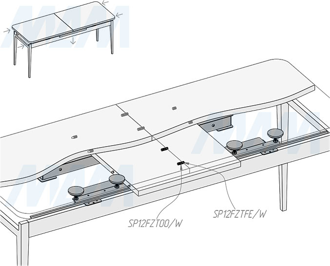 Установка синхронного механизма с фиксатором для автоматического подъёма вставки стола, 35/1160/1424/400 мм (артикул ALTI-1160-400), схема 1