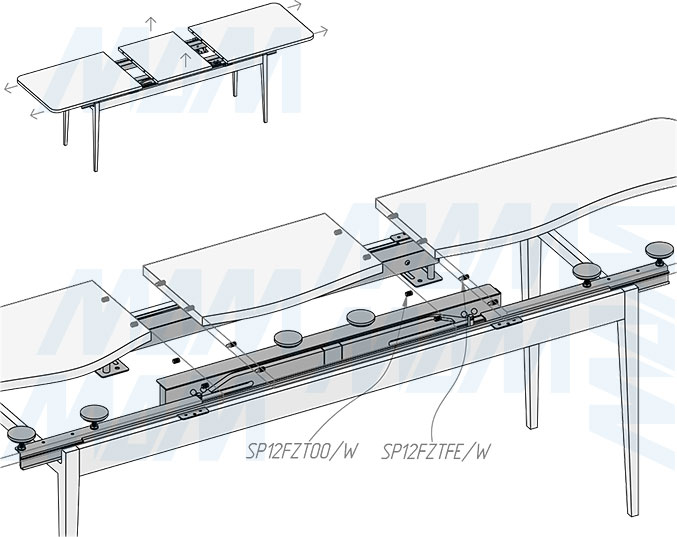 Установка синхронного механизма с фиксатором для автоматического подъёма вставки стола, 35/1160/1424/400 мм (артикул ALTI-1160-400), схема 2