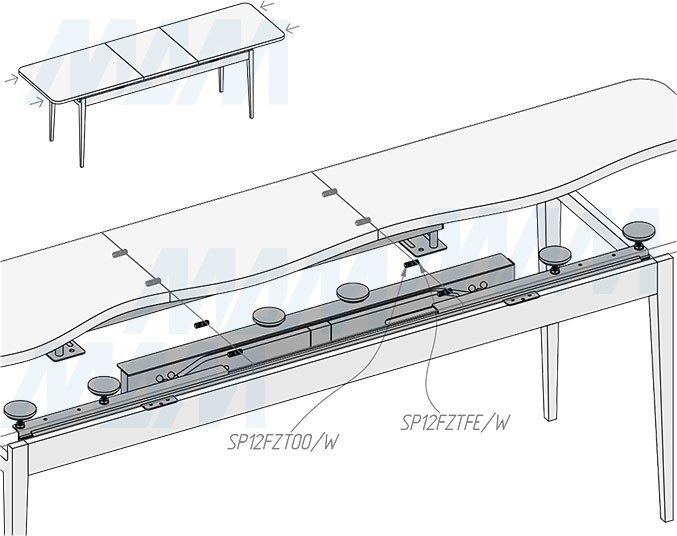 Установка синхронного механизма с фиксатором для автоматического подъёма вставки стола, 35/1160/1424/400 мм (артикул ALTI-1160-400), схема 3