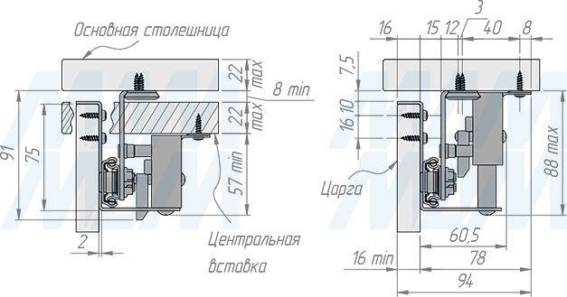 Размеры синхронного механизма с автоматическим подъёмом вставки стола, 35/960/1230/203 мм (артикул ALTI-960-320), чертеж 1