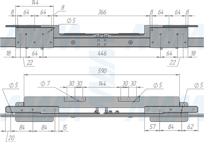 Размеры синхронного механизма с автоматическим подъёмом вставки стола, 35/960/1230/203 мм (артикул ALTI-960-320), чертеж 2