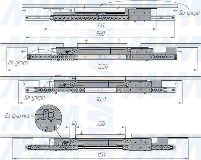 Размеры синхронного механизма с автоматическим подъёмом вставки стола, 35/960/1230/203 мм (артикул ALTI-960-320), чертеж 3