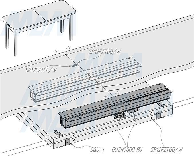 Установка несинхронного бесцаргового раздвижного механизма для стола, 47/560/1895/560 мм (артикул BST-47-560-1895), схема 2