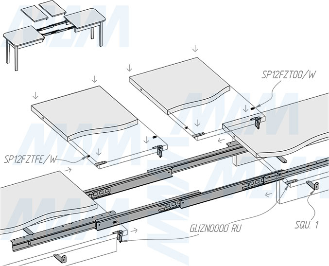Установка несинхронного бесцаргового раздвижного механизма для стола, 47/560/1895/560 мм (артикул BST-47-560-1895), схема 3