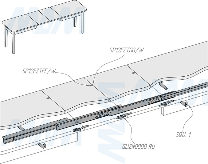 Установка несинхронного бесцаргового раздвижного механизма для стола, 47/560/1895/560 мм (артикул BST-47-560-1895), схема 4