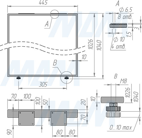 Размеры П--образной опоры ДИЖОН для стола, сечение 50х10 мм, ширина 445 мм, высота 1040 мм, регулировка 10 мм (артикул DJ50X10/445X1040)