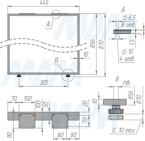 Размеры П--образной опоры ДИЖОН для стола, сечение 50х10 мм, ширина 445 мм, высота 870 мм, регулировка 10 мм (артикул DJ50X10/445X870)