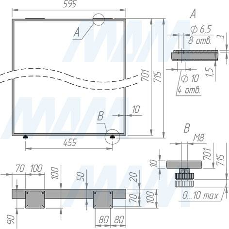 Размеры П--образной опоры ДИЖОН для стола, сечение 50х10 мм, ширина 595 мм, высота 715 мм, регулировка 10 мм (артикул DJ50X10/595X715)