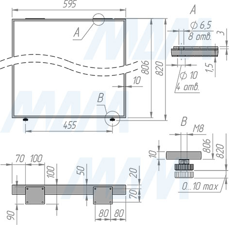 Размеры П--образной опоры ДИЖОН для стола, сечение 50х10 мм, ширина 595 мм, высота 820 мм, регулировка 10 мм (артикул DJ50X10/595X820)