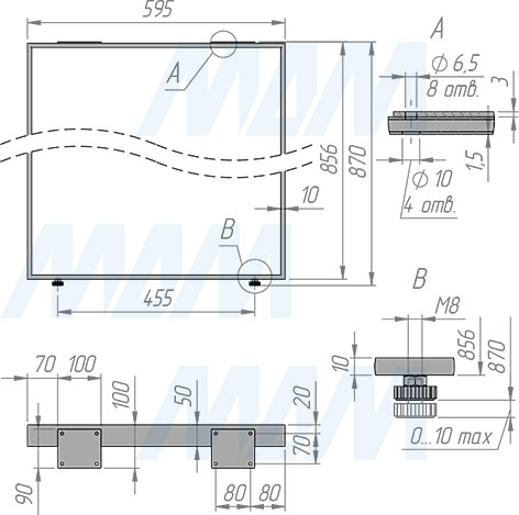 Размеры П--образной опоры ДИЖОН для стола, сечение 50х10 мм, ширина 595 мм, высота 870 мм, регулировка 10 мм (артикул DJ50X10/595X870)