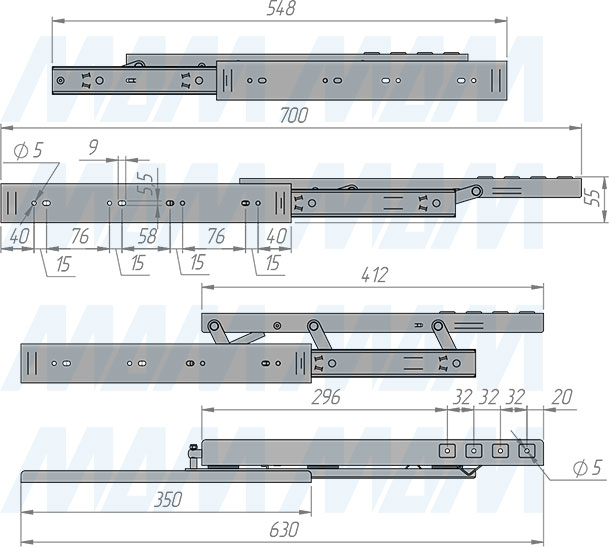 Размеры механизма для торцевого подъёма столешницы, 47/548/630/412 мм (артикул ENDE-47-350), чертеж 2