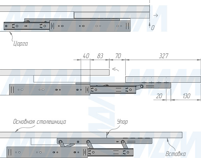 Размеры механизма для торцевого подъёма столешницы, 47/548/630/412 мм (артикул ENDE-47-350), чертеж 3