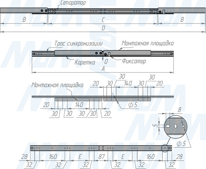 Размеры синхронного раздвижного механизма с фиксатором с увеличением длины для царгового стола, 35/900/1304/300 мм (артикул EX-35-900-653), чертеж 1