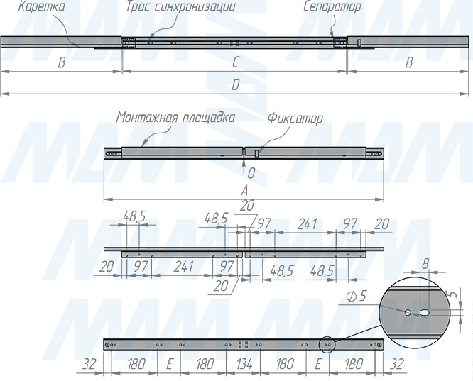Размеры синхронного раздвижного механизма с фиксатором с увеличением длины для царгового стола, 47/1100/1840/475 мм (артикул EX-47-1100-875), чертеж 1