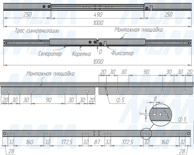 Размеры синхронного раздвижного механизма с фиксатором без увеличения длины для царгового стола, 35/1000/1000/250 мм (артикул IN-35-1000-470), чертеж 1