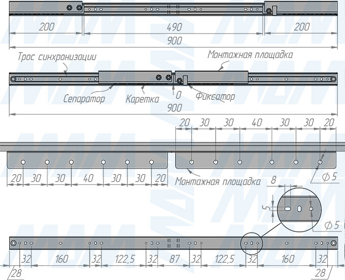 Размеры синхронного раздвижного механизма с фиксатором без увеличения длины для царгового стола, 35/900/900/200 мм (артикул IN-35-900-450), чертеж 1