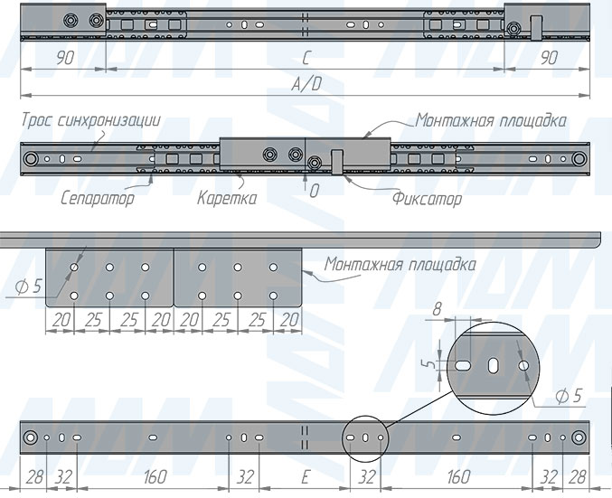 Размеры синхронного раздвижного механизма с фиксатором без увеличения длины для царгового стола (артикул IN-35), чертеж 1