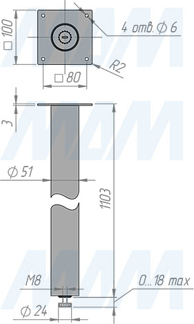 Размеры круглой опоры ЛЕВАДИЯ для стола, сечение D51 мм, высота 1103 мм, регулировка 18 мм (артикул LDA50X50/1100