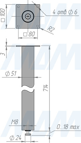 Размеры круглой опоры ЛЕВАДИЯ для стола, сечение D51 мм, высота 710 мм, регулировка 18 мм (артикул LDA50X50/710