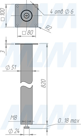 Размеры круглой опоры ЛЕВАДИЯ для стола, сечение D51 мм, высота 820 мм, регулировка 18 мм (артикул LDA50X50/820