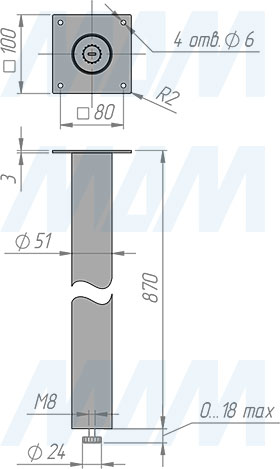 Размеры круглой опоры ЛЕВАДИЯ для стола, сечение D51 мм, высота 870 мм, регулировка 18 мм (артикул LDA50X50/870