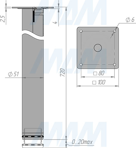 Размеры опоры для стола, диаметр 50 мм, высота 720 мм, регулировка 20 мм (артикул LEG50X720)