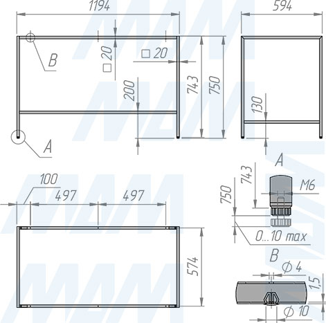 Размеры металлокаркаса стола БОНН 750х1200х600 мм (артикул MF.26.750x1200x600)