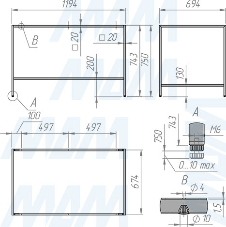Размеры металлокаркаса стола БОНН 750х1200х700 мм (артикул MF.26.750x1200x700)