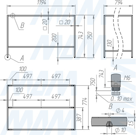 Размеры металлокаркаса стола БОНН 750х1200х800 мм (артикул MF.26.750x1200x800)