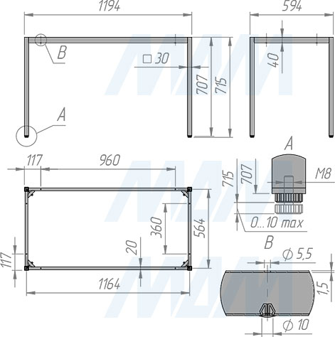 Размеры металлокаркаса стола ТОП 715х1200х600 мм (артикул MF.27.715x1200x600)