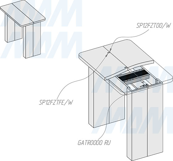Установка несинхронного бесцаргового мультисекционного раздвижного механизма для стола, 11 секций, 51/300/2205/300 мм (артикул MS-11-51-300-2205), схема 1