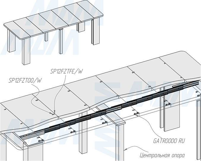 Установка несинхронного бесцаргового мультисекционного раздвижного механизма для стола, 11 секций, 51/300/2205/300 мм (артикул MS-11-51-300-2205), схема 3