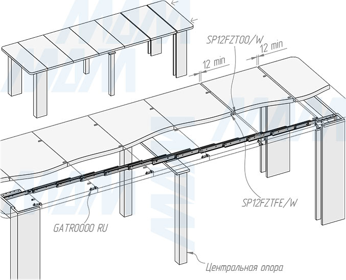 Установка несинхронного бесцаргового мультисекционного раздвижного механизма для стола, 13 секций, 35/300/2530/150 мм (артикул MS-13-35-300-2460), схема 2