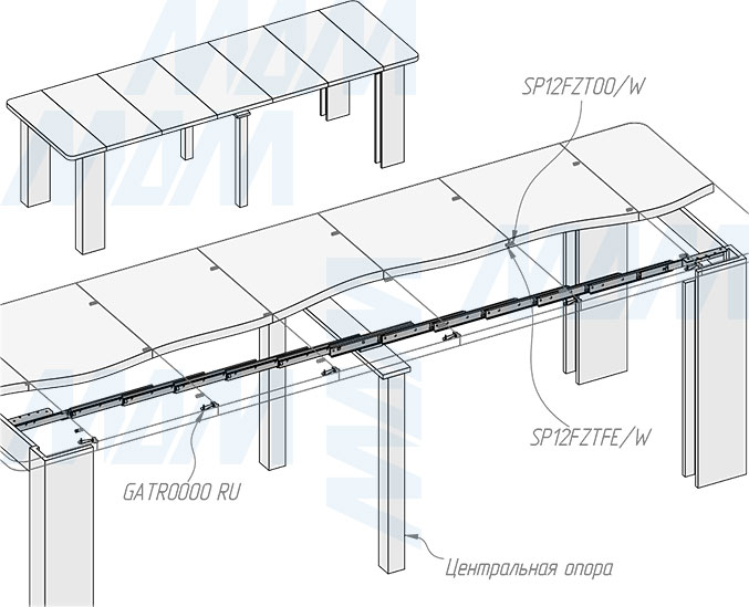 Установка несинхронного бесцаргового мультисекционного раздвижного механизма для стола, 13 секций, 35/300/2530/150 мм (артикул MS-13-35-300-2460), схема 3