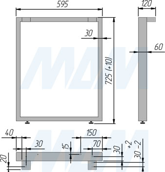 Размеры П-образной опоры для стола 60х30 мм высотой 725 мм и с регулировкой 10 мм (артикул П60X30/720)