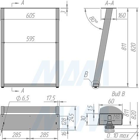 Размеры П-образной опоры САНТЬЯГО для стола, сечение 60х30 мм, высота 820 мм, регулировка 10 мм (артикул SN60X30/820)
