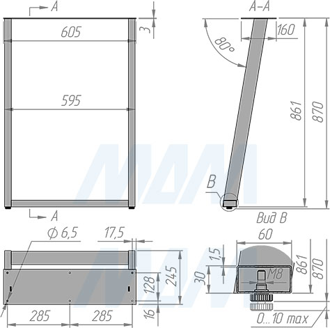 Размеры П-образной опоры САНТЬЯГО для стола, сечение 60х30 мм, высота 870 мм, регулировка 10 мм (артикул SN60X30/870)