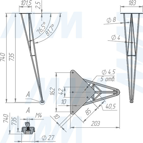 Размеры V-образной опоры SPOKE для стола, 185х215х740 мм (артикул SPK180x740)