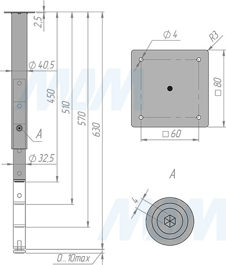 Размеры телескопической опоры, высота 440-620 мм (артикул ТЕЛЕСКОП)