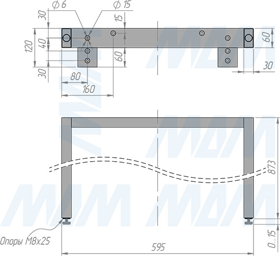 Размеры П-образной опоры ТОЛЕДО для стола, сечение 60х30 мм, глубина 595 мм, высота 873 мм, регулировка 15 мм (артикул TL60X30/595X870)