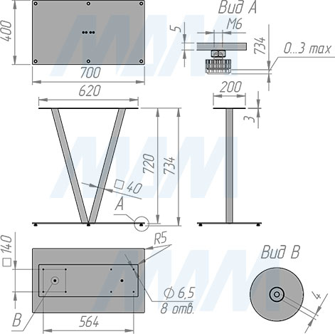 Размеры подстолья ВАЛЕНСА 700х400 мм, высота 730 мм, регулировка 3 мм (артикул VA730X700X400)