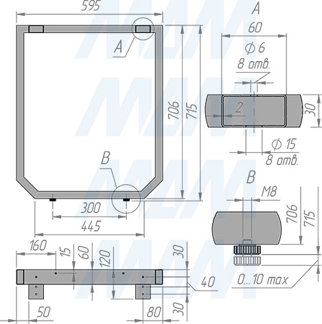 Размеры П-образной опоры ВИГО для стола, сечение 60х30 мм, ширина 595 мм, высота 715 мм, регулировка 10 мм (артикул VI60X30/595X715)